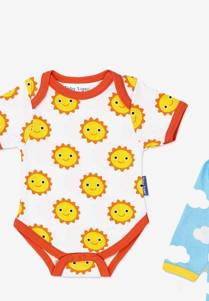 Premium Baby Gift Set with Hat, Romper and Bodysuit in Soft GOTS-Certified Organic Cotton, Adorable Sun and Clouds Print, Eco-Friendly Dye by Toby Tiger at brixbailey.com