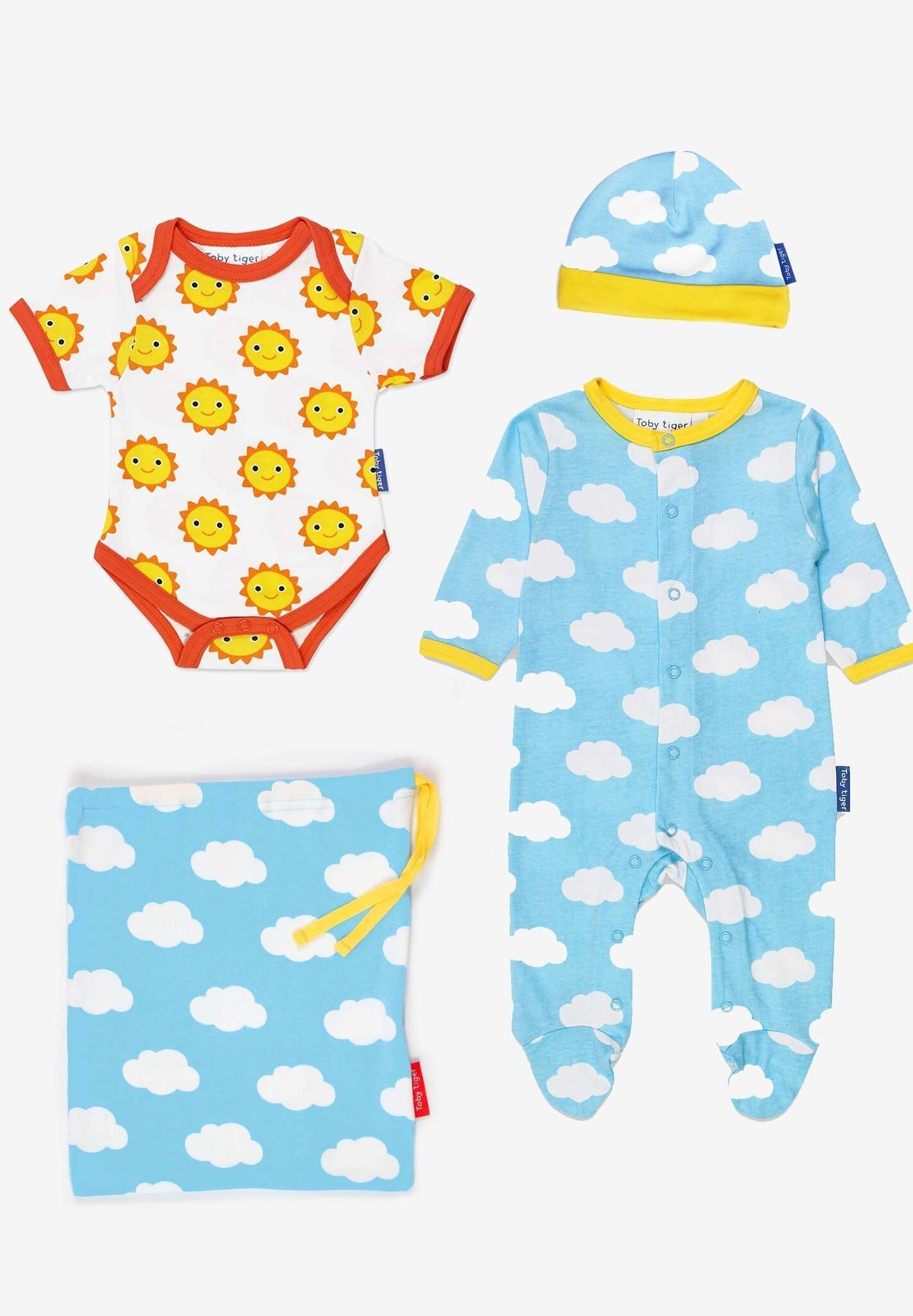 Premium Baby Gift Set with Hat, Romper, and Bodysuit in Soft Organic Cotton, Adorable Sun and Clouds Print, Eco-Friendly and Machine Washable by Toby Tiger at brixbailey.com