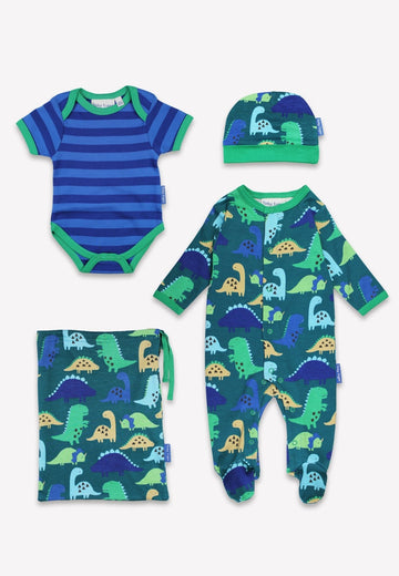 Premium Dinosaur Print Baby Gift Set with Matching Sleepsuit, Hat, and Bodysuit in Soft Organic Cotton by Toby Tiger at brixbailey.com