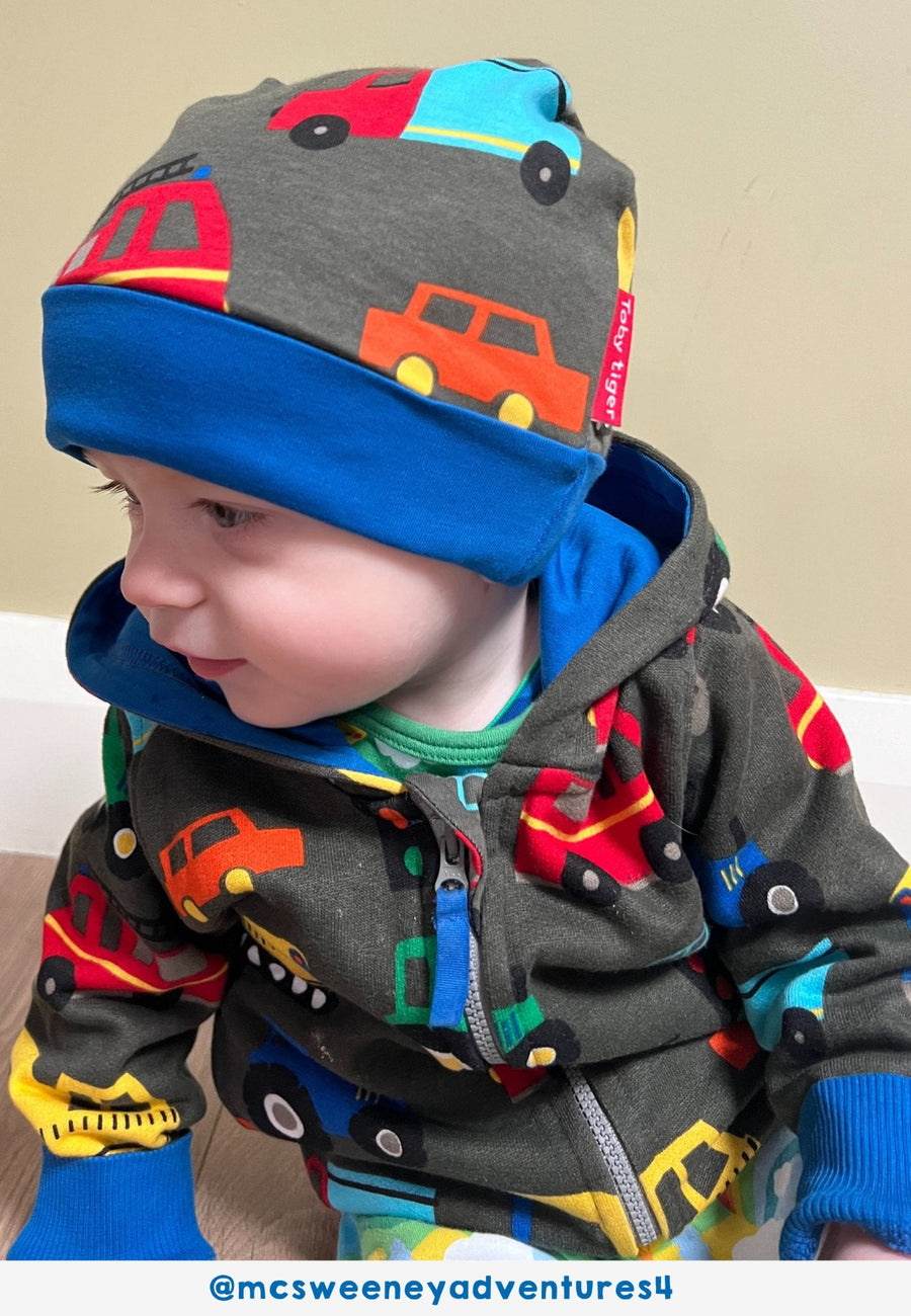 Organic Cotton Baby Gift Set with Colorful Vehicle Print - Soft Stretchy Pajamas, Bodysuit & Hat in Eco-Friendly Gift Bag by Toby Tiger at brixbailey.com