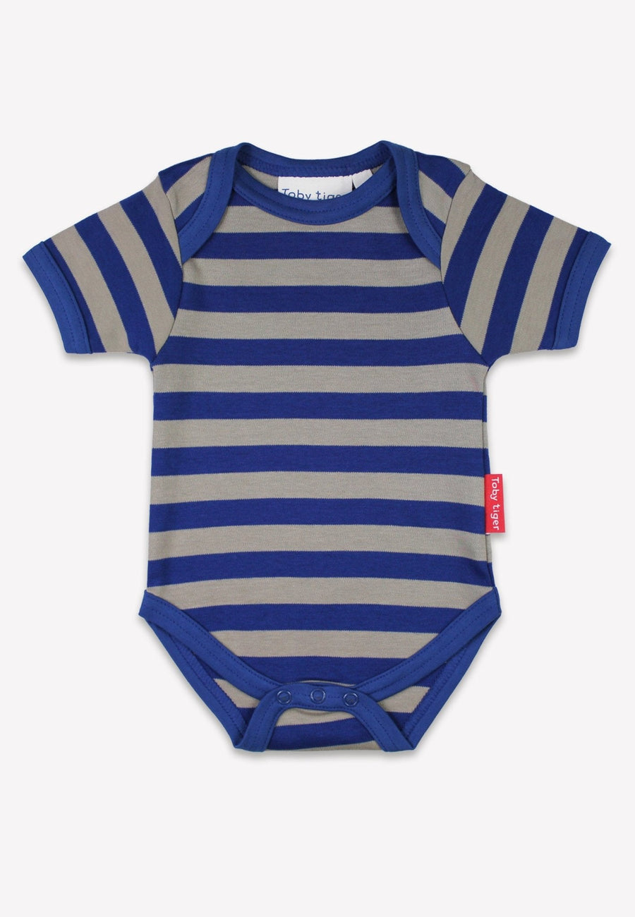 Organic Cotton Baby Gift Set with Colorful Vehicle Print - Soft Stretchy Pajamas, Bodysuit, and Hat in Dark Gray and Blue Stripes by Toby Tiger at brixbailey.com