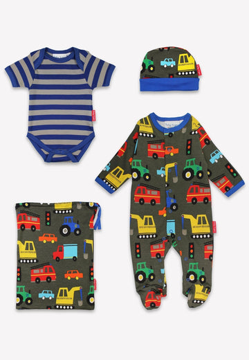 Organic Cotton Baby Gift Set with Colorful Vehicle Print - Soft Strampler, Bodysuit, Hat & Bag by Toby Tiger at brixbailey.com