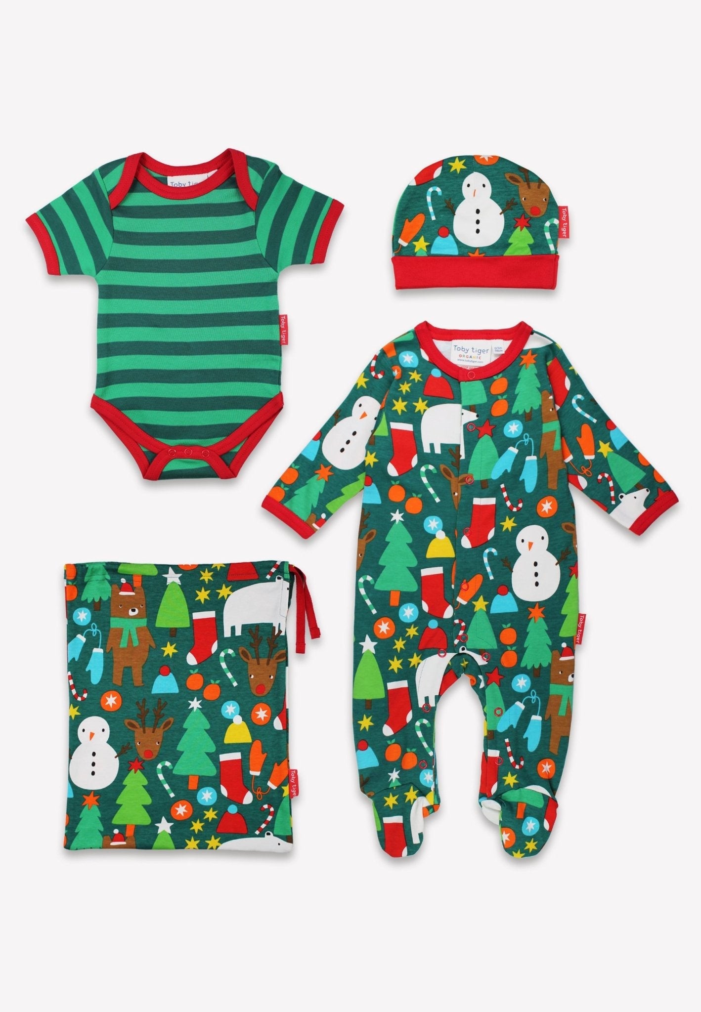Premium Christmas Baby Gift Set with Cozy Bear Print Pajamas, Hat, and Bodysuit in Eco-Friendly Organic Cotton by Toby Tiger at brixbailey.com
