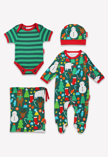 Premium Christmas Baby Gift Set with Cozy Bear Print Pajamas, Hat, and Bodysuit in Eco-Friendly Organic Cotton by Toby Tiger at brixbailey.com