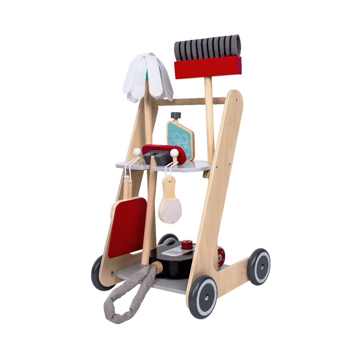 confident toddler pushing a wooden cleaning cart full of realistic toy tools
