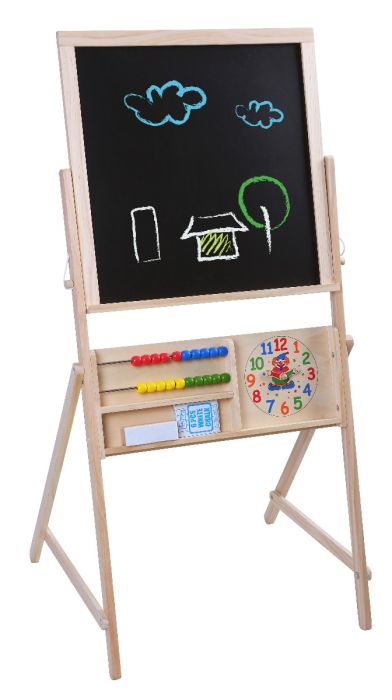 child drawing a colorful rainbow on a double-sided chalkboard with included chalk