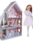 confident front view of the wooden dollhouse liselle with glowing led lights and detailed furniture