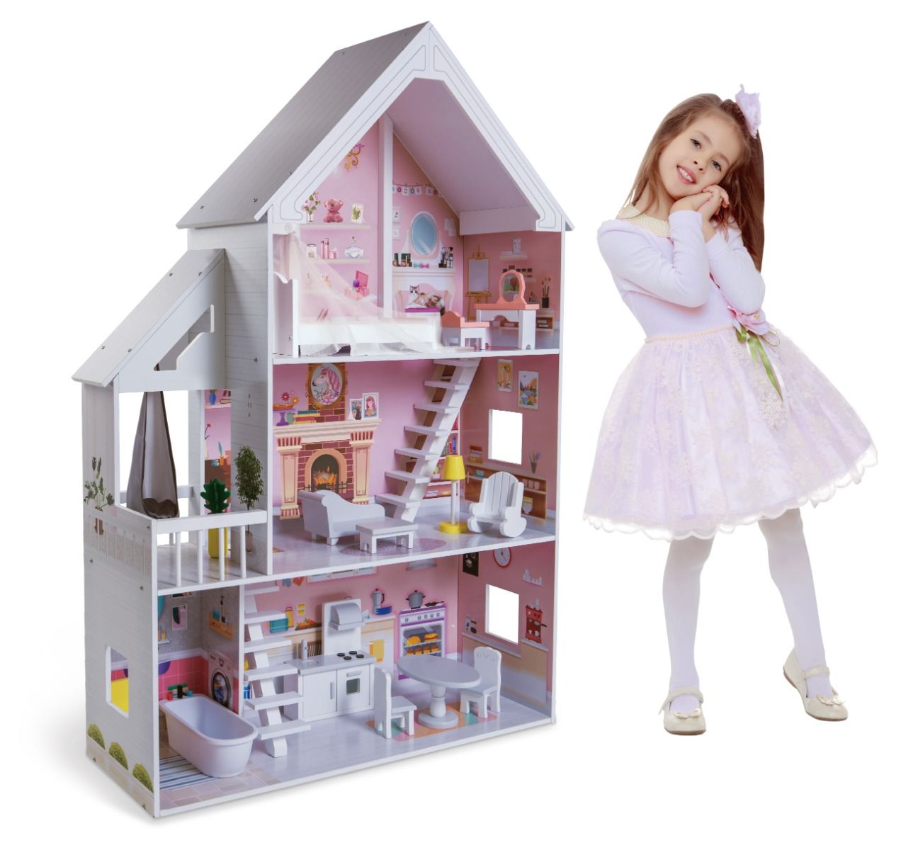 confident front view of the wooden dollhouse liselle with glowing led lights and detailed furniture