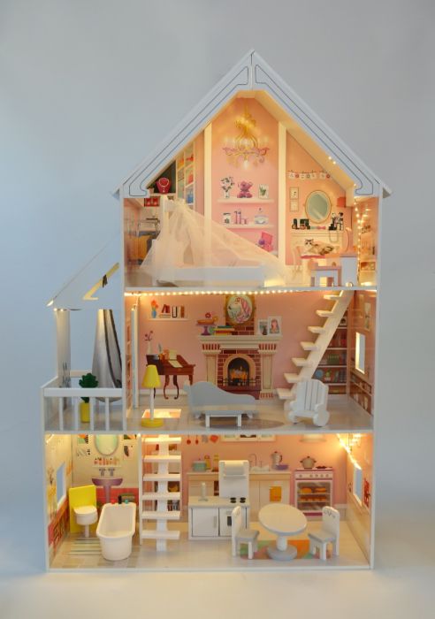 Wooden Dollhouse with LED Lights