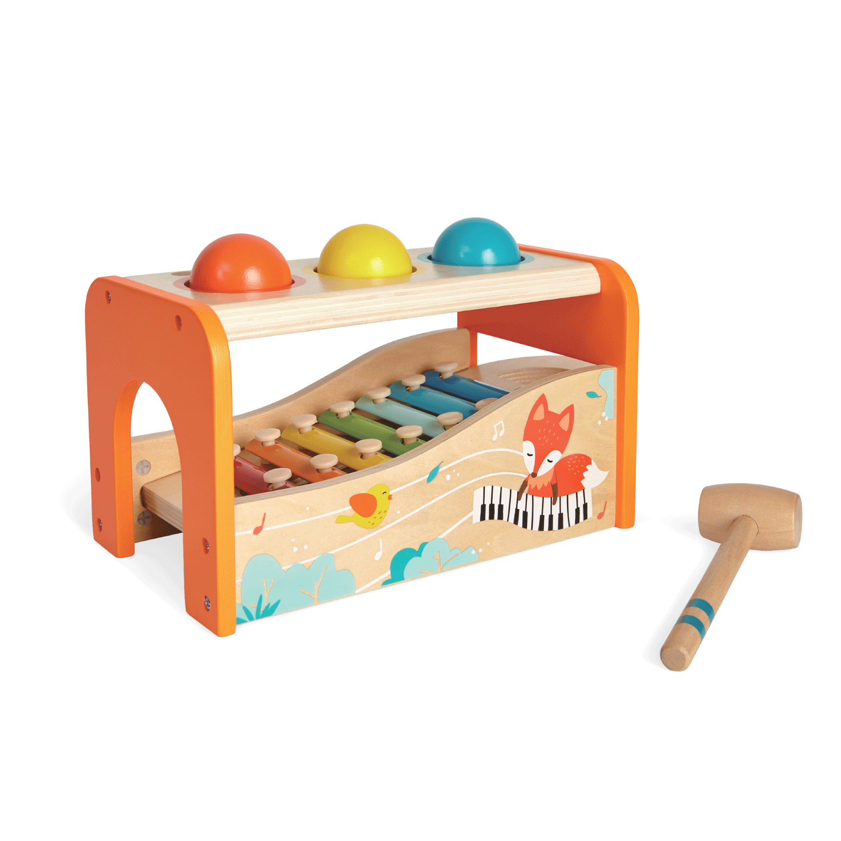 confident child playing with a vibrant wooden xylophone and ball game