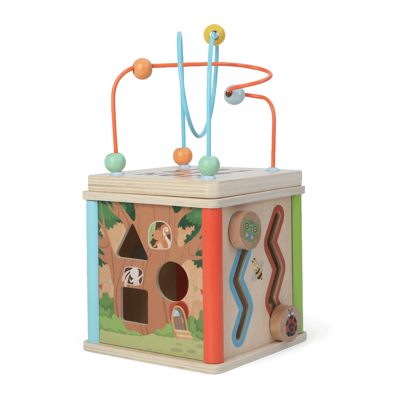 confident shot of a wooden motor skills cube with bold, engaging activities for toddler development