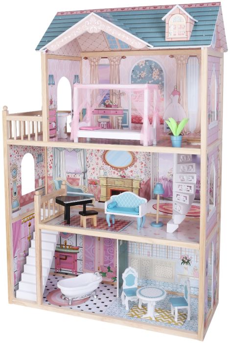 Wooden Dollhouse with LED Light and Furniture