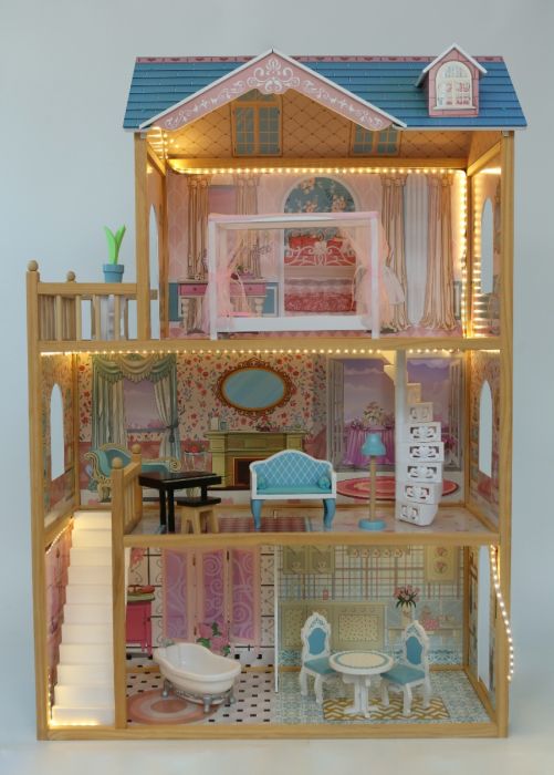Wooden Dollhouse with LED Light and Furniture