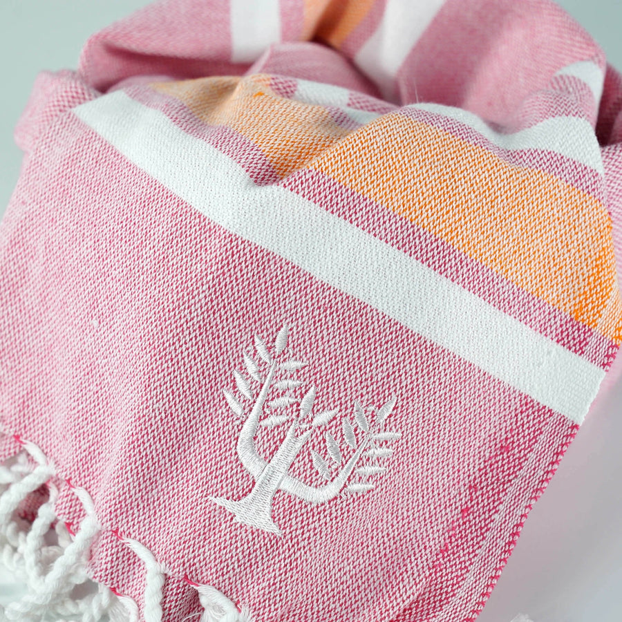 Luxury Hampton hammam towel, soft premium cotton, pink and orange stripe, quick-drying, handloomed in Turkey, 90x180cm by Wildash London at brixbailey.com