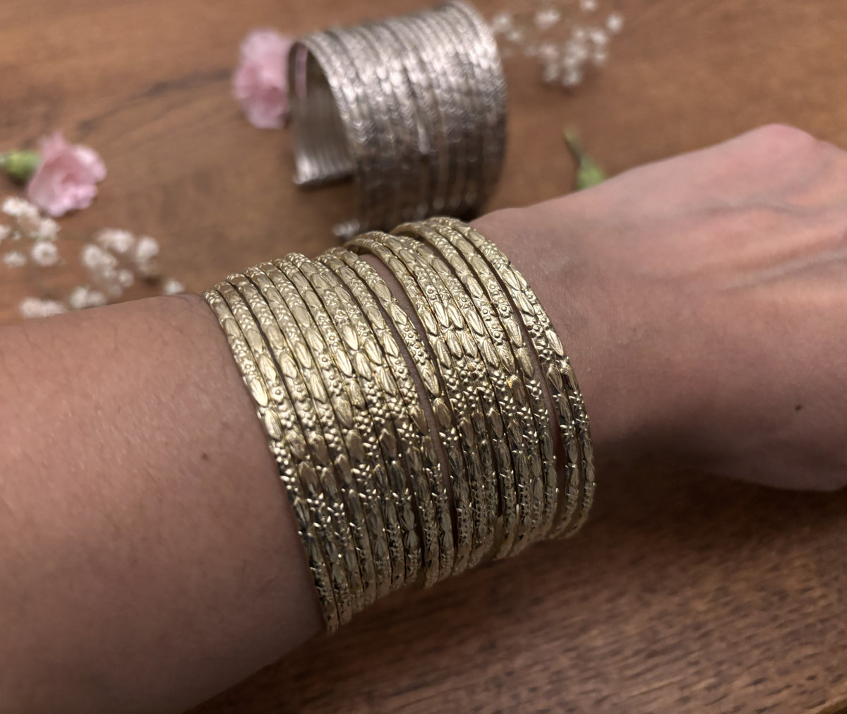 Hammered Gold/Silver Finish Stack Cuff – Adjustable Brass Bangles Set.