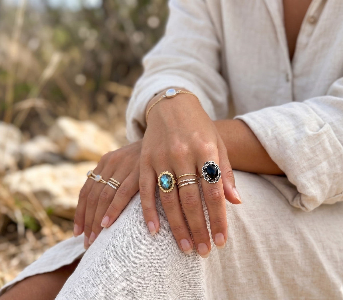 Vintage Oval Gemstone Adjustable Ring – Boho Statement Ring | Gold &amp; Silver Finish