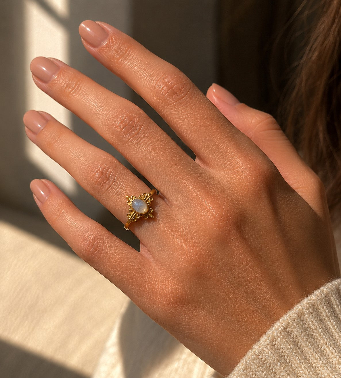 Vintage Celestial Gemstone Ring – Adjustable Boho Statement Ring