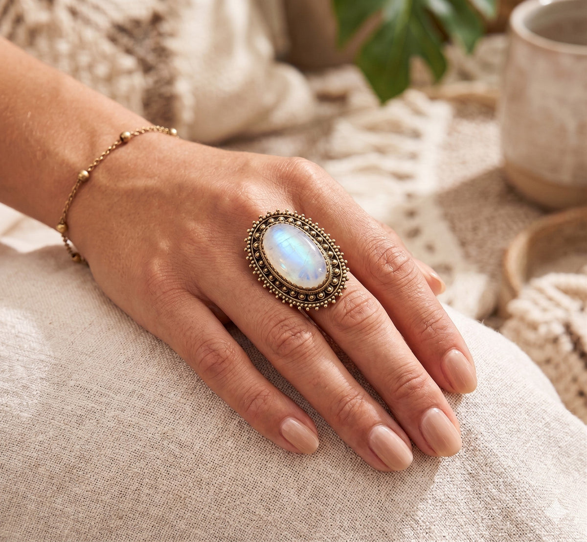 Boho Oval Gemstone Adjustable Ring – Gold/Silver Vintage Brass Statement Ring