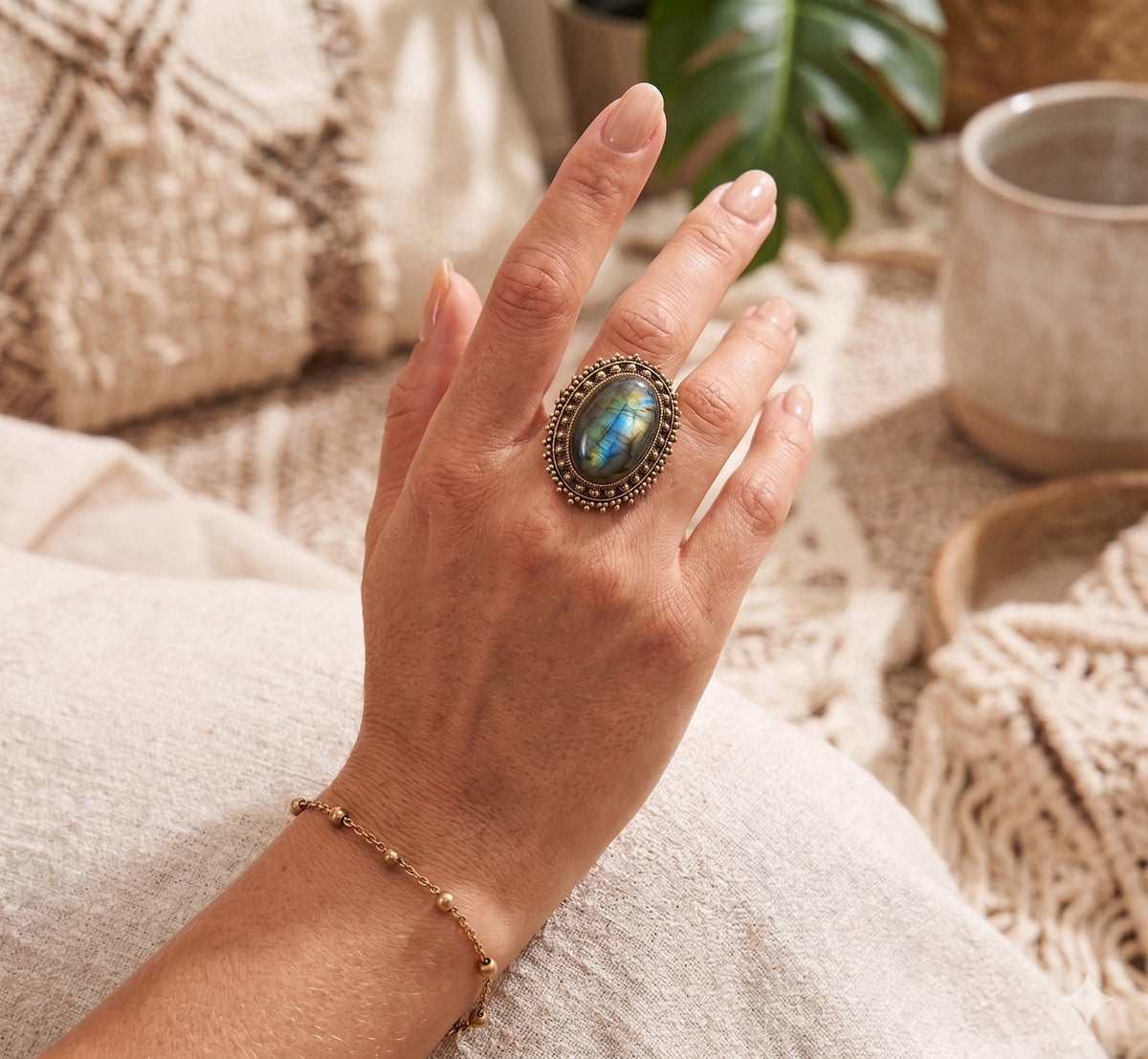 Boho Oval Gemstone Adjustable Ring – Gold/Silver Vintage Brass Statement Ring