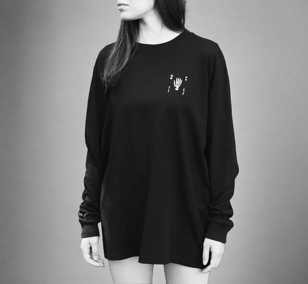 Luxury loose fit black long sleeve organic cotton shirt, premium handprinted limited edition, stylish unisex design by WWOOLLFF CO. at brixbailey.com