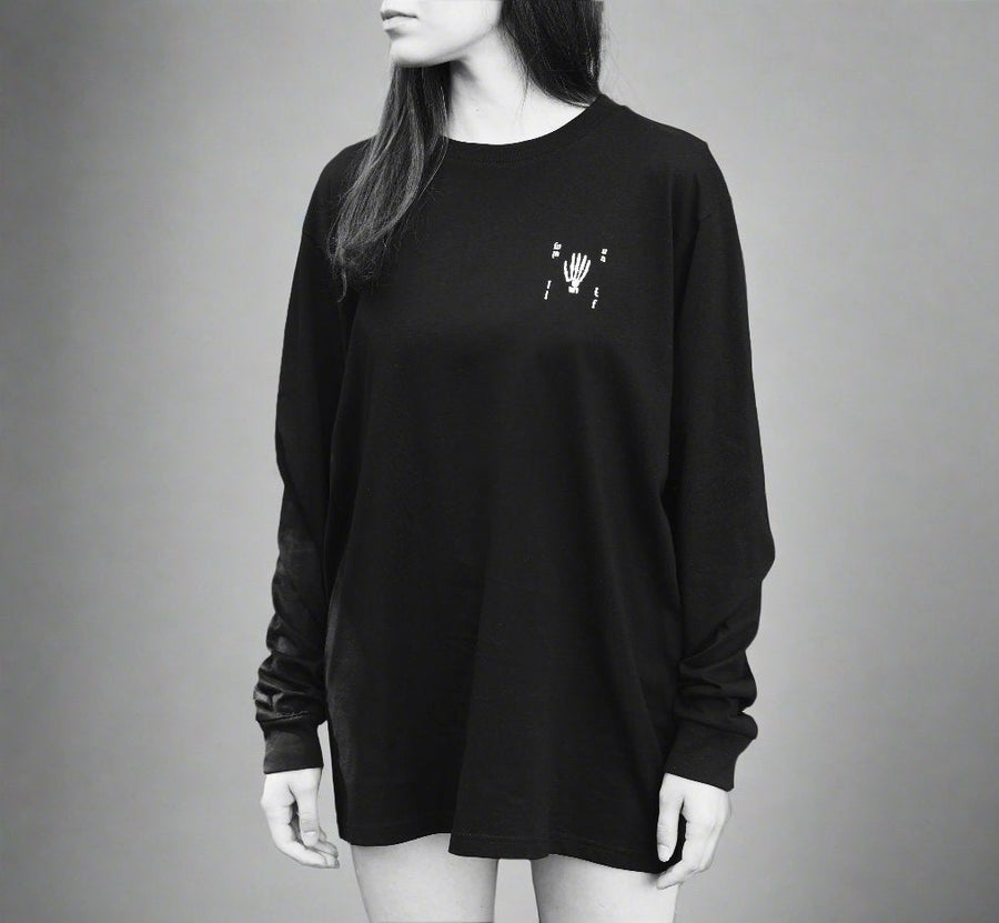 Luxury loose fit black long sleeve organic cotton shirt, premium handprinted limited edition, stylish unisex design by WWOOLLFF CO. at brixbailey.com