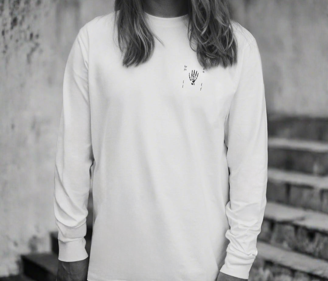 Luxury loose fit white long sleeve organic cotton shirt, premium handprinted limited edition, stylish unisex design by WWOOLLFF CO. at brixbailey.com