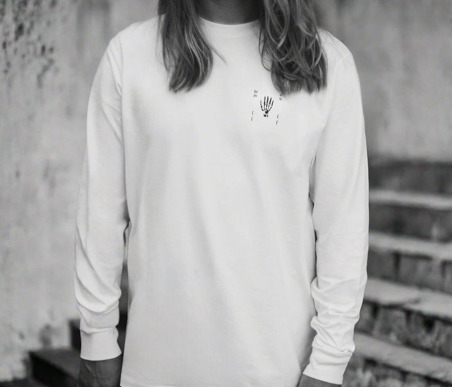 Luxury loose fit white long sleeve organic cotton shirt, premium handprinted limited edition, stylish unisex design by WWOOLLFF CO. at brixbailey.com