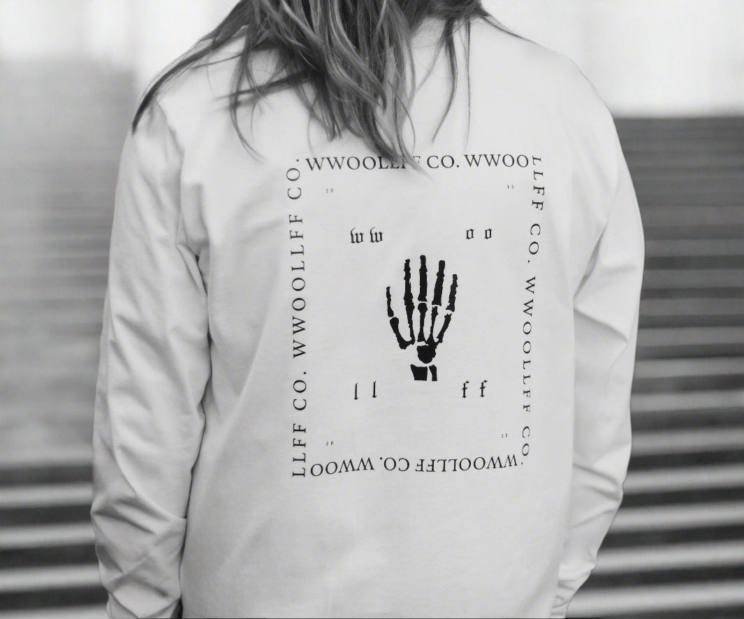 Premium loose fit white long sleeve shirt, handprinted organic cotton, luxury limited edition, best-selling stylish design by WWOOLLFF CO. at brixbailey.com