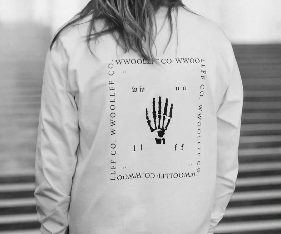 Premium loose fit white long sleeve shirt, handprinted organic cotton, luxury limited edition, best-selling stylish design by WWOOLLFF CO. at brixbailey.com