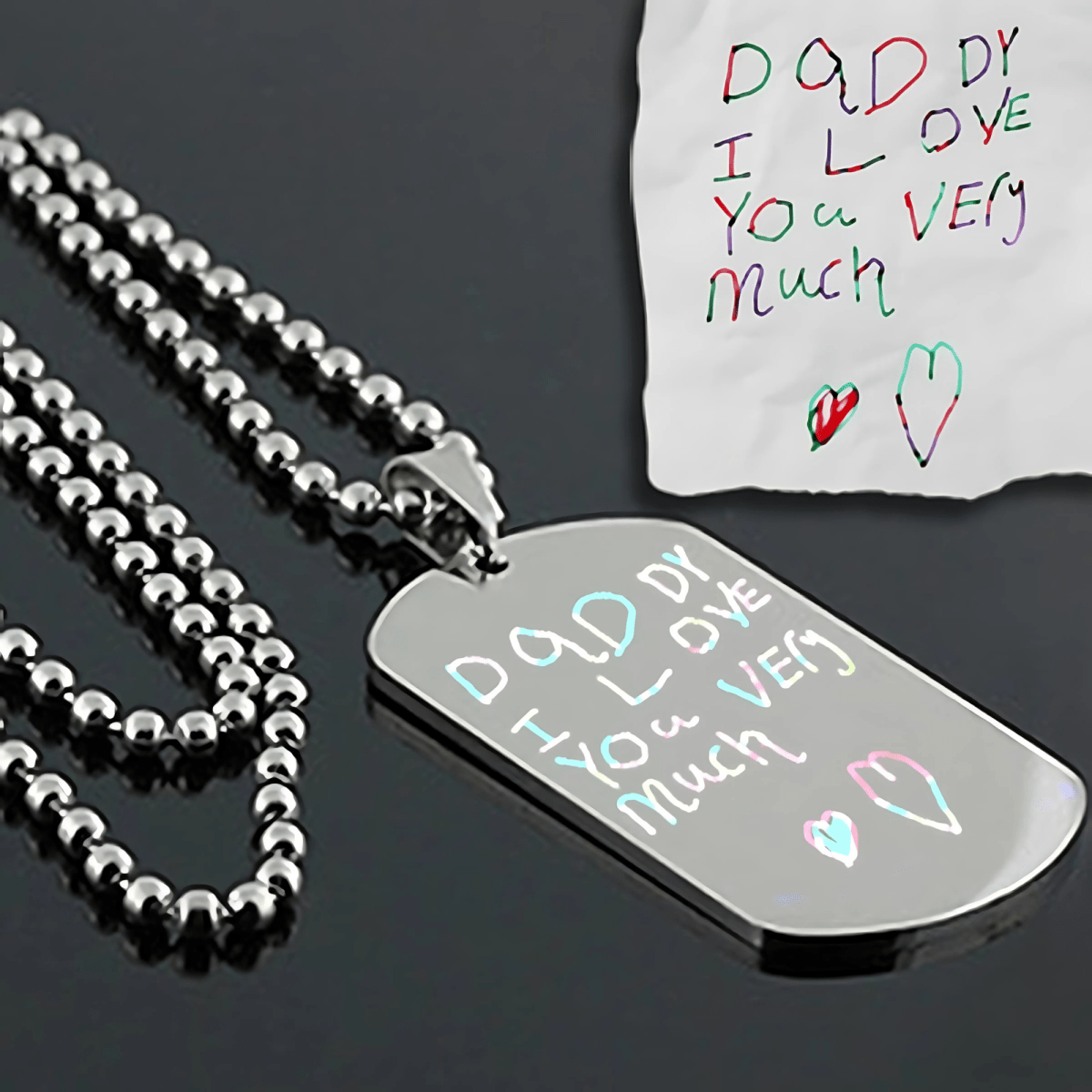Handwriting Dog Tag – Custom Photo Pendant Engraved on Both Sides | Velvet Pouch Gift
