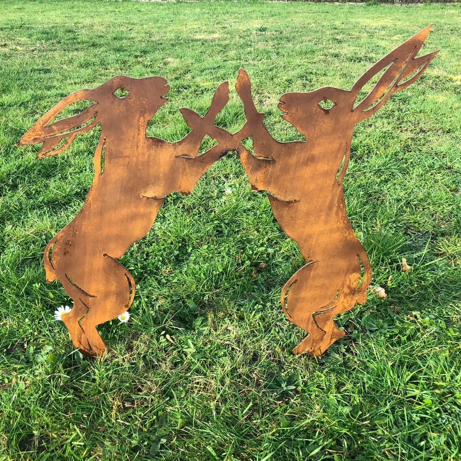 Rusty Metal Boxing Hares Garden Ornament