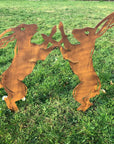 Rusty Metal Boxing Hares Garden Ornament