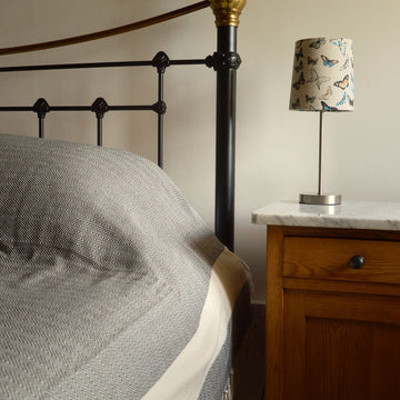 Harrington Bed Throw XL, luxury oversized organic cotton blanket, herringbone design, black with natural zig-zag stripe, king size, handloomed, 200cm x 240cm by Wildash London at brixbailey.com