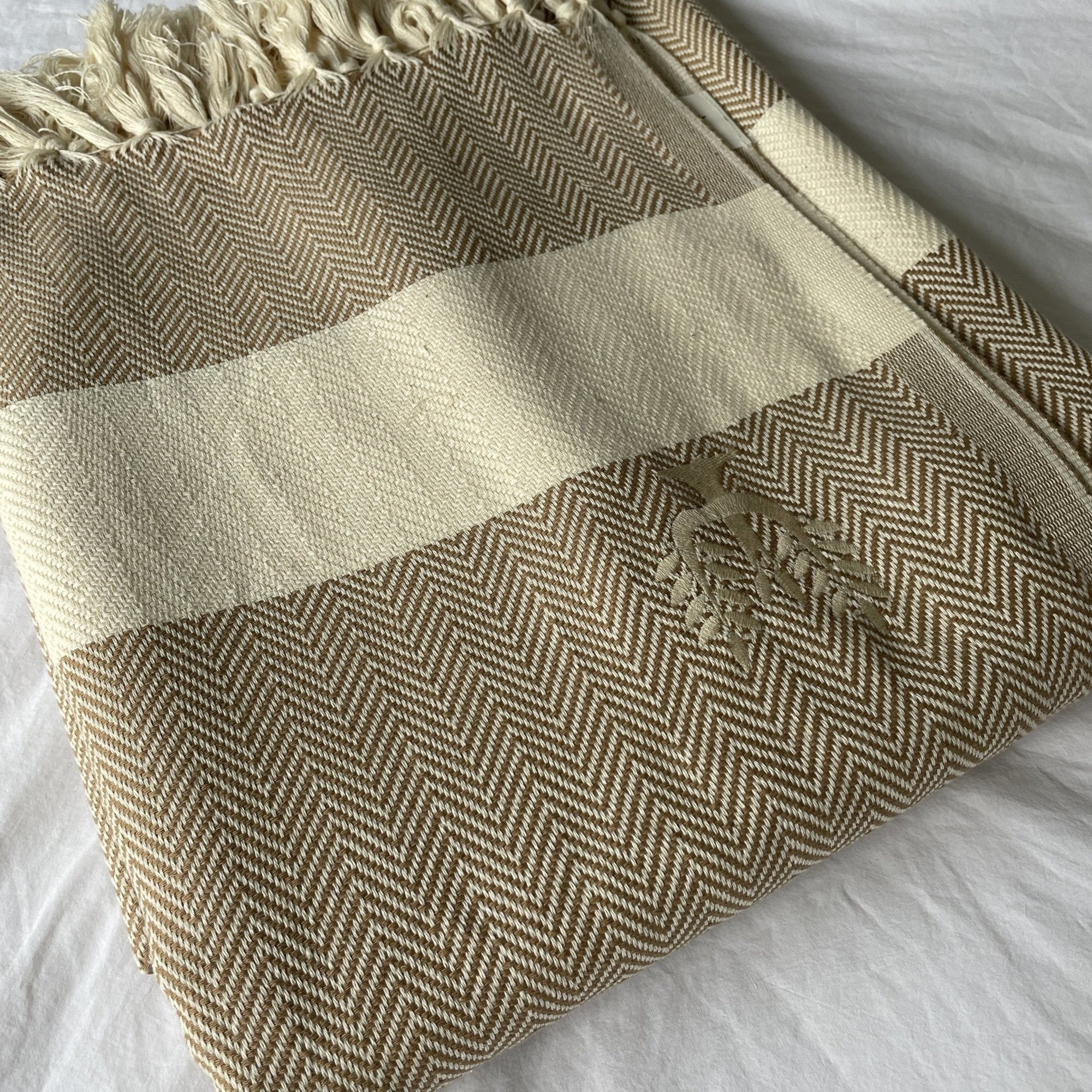 Luxury Harrington Bed Throw XL, premium oversized herringbone blanket, 100% organic unbleached cotton, caramel and natural, handloomed, king size by Wildash London at brixbailey.com
