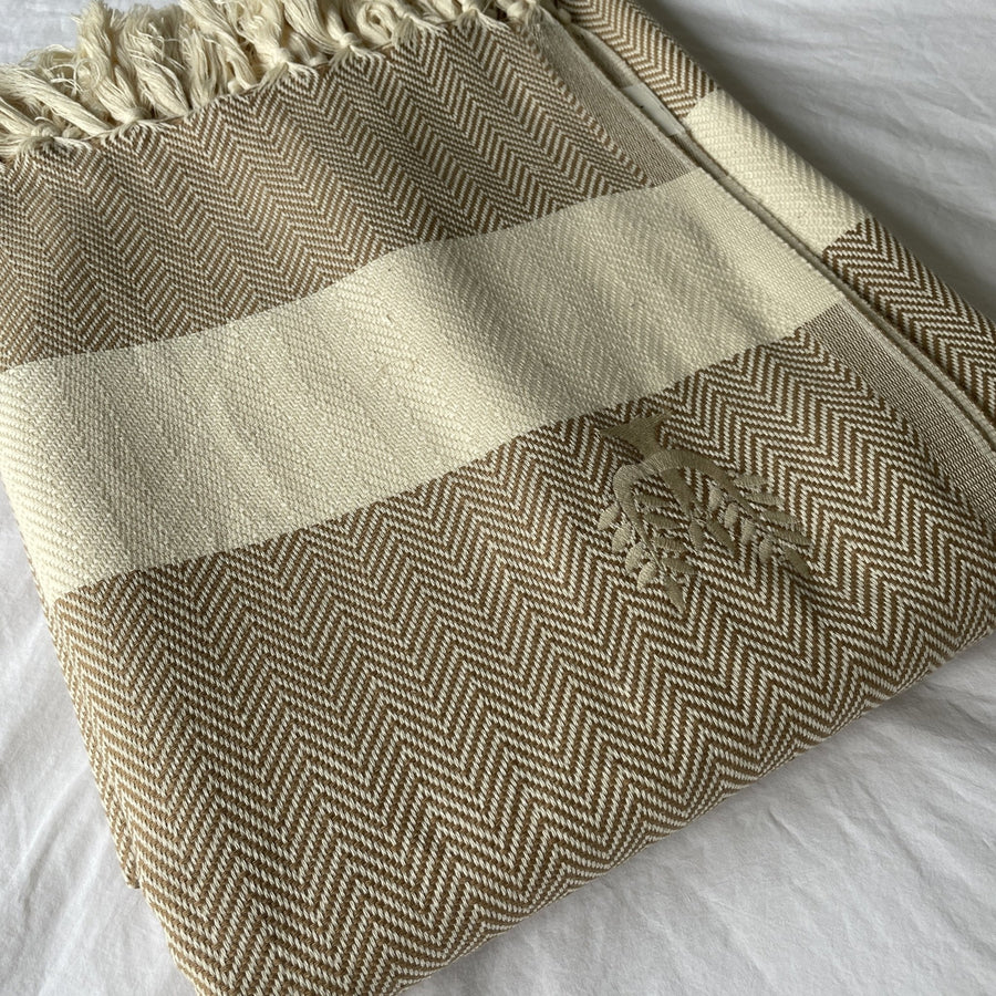 Luxury Harrington Bed Throw XL, premium oversized herringbone blanket, 100% organic unbleached cotton, caramel and natural, handloomed, king size by Wildash London at brixbailey.com