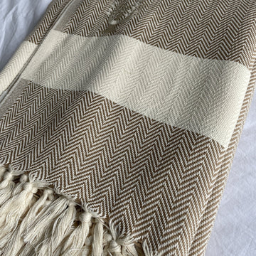 Luxury Harrington Bed Throw XL, premium oversized herringbone blanket, handloomed 100% unbleached organic cotton, caramel and natural by Wildash London at brixbailey.com