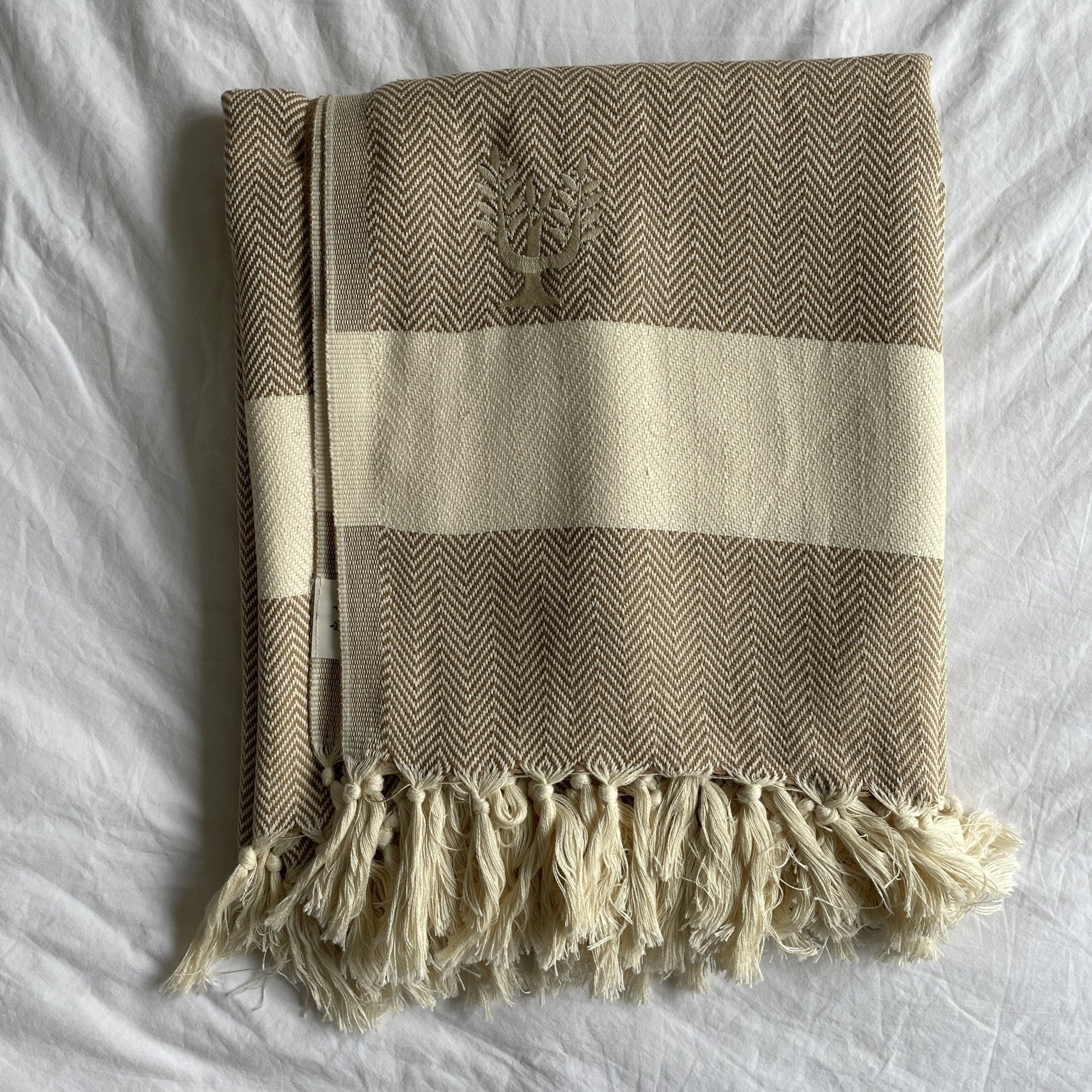 Luxury Harrington Bed Throw XL, premium oversized handloomed herringbone blanket, 100% organic unbleached cotton, caramel and natural, king size 200x240cm by Wildash London at brixbailey.com