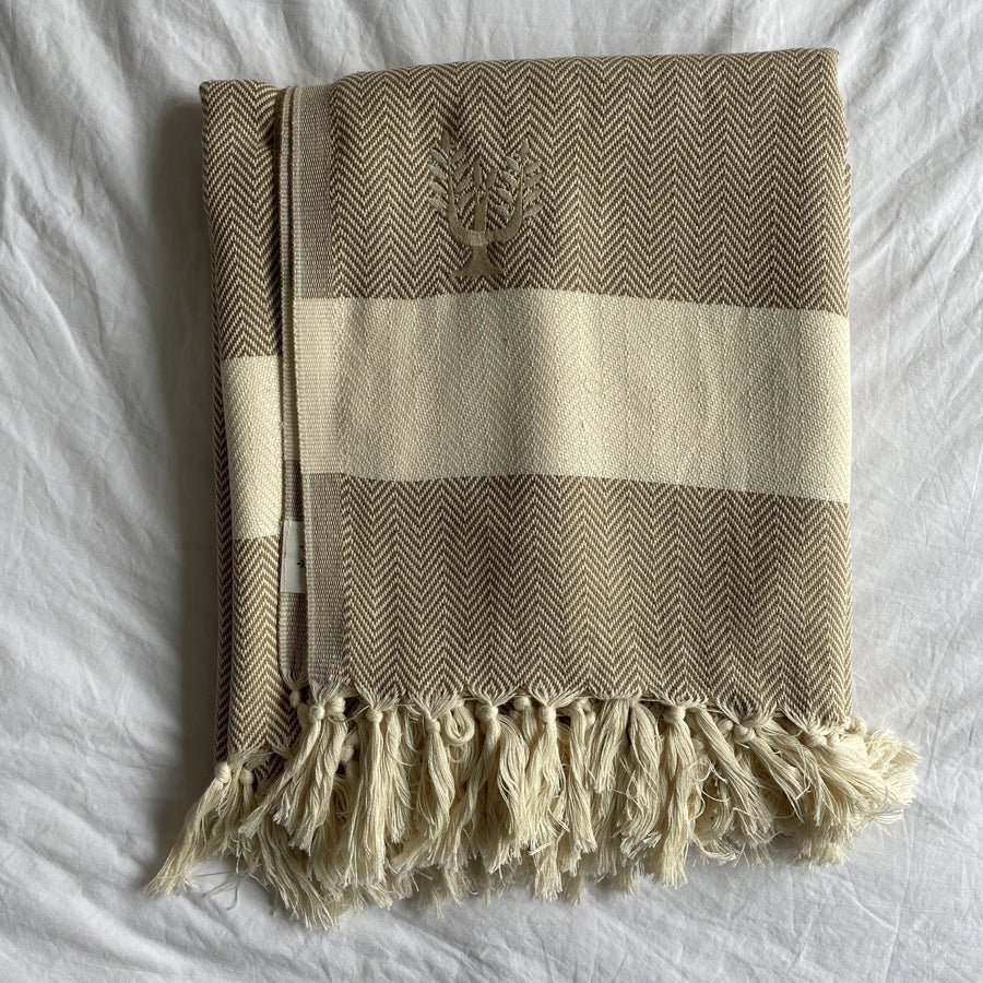 Luxury Harrington Bed Throw XL, premium oversized handloomed herringbone blanket, 100% organic unbleached cotton, caramel and natural, king size 200x240cm by Wildash London at brixbailey.com