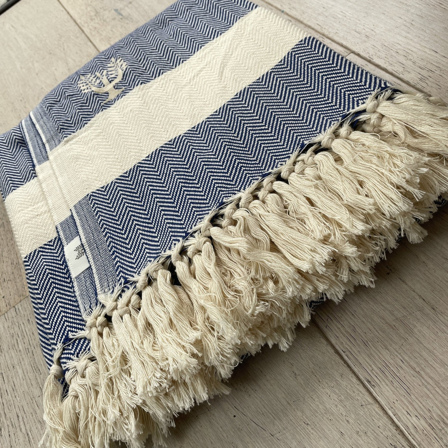 Luxury Harrington Bed Throw XL, premium oversized handloomed organic cotton blanket, navy blue herringbone design, king size 200x240cm by Wildash London at brixbailey.com