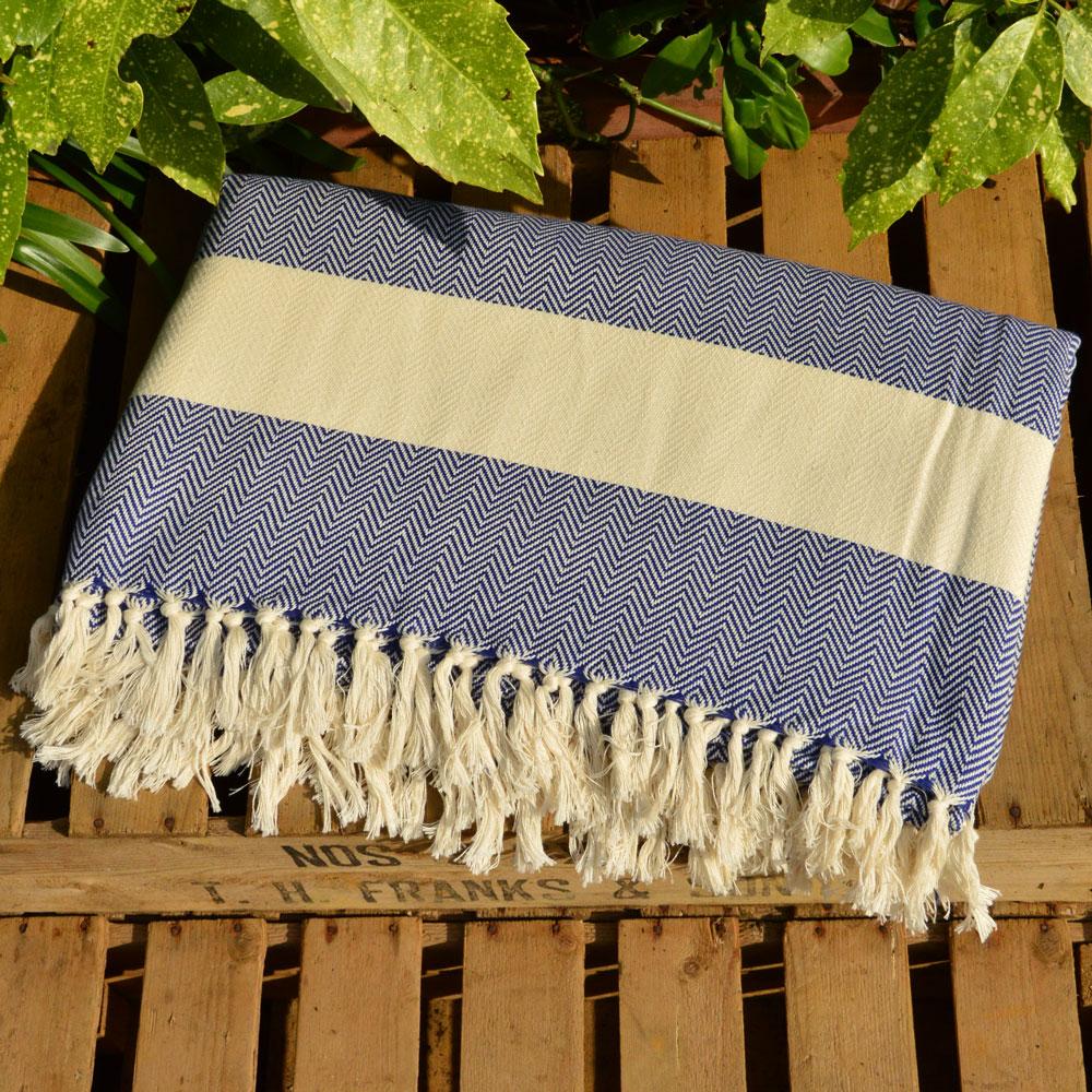Luxury Harrington Bed Throw XL, premium oversized organic cotton blanket, navy blue herringbone design, handloomed, best-selling by Wildash London at brixbailey.com