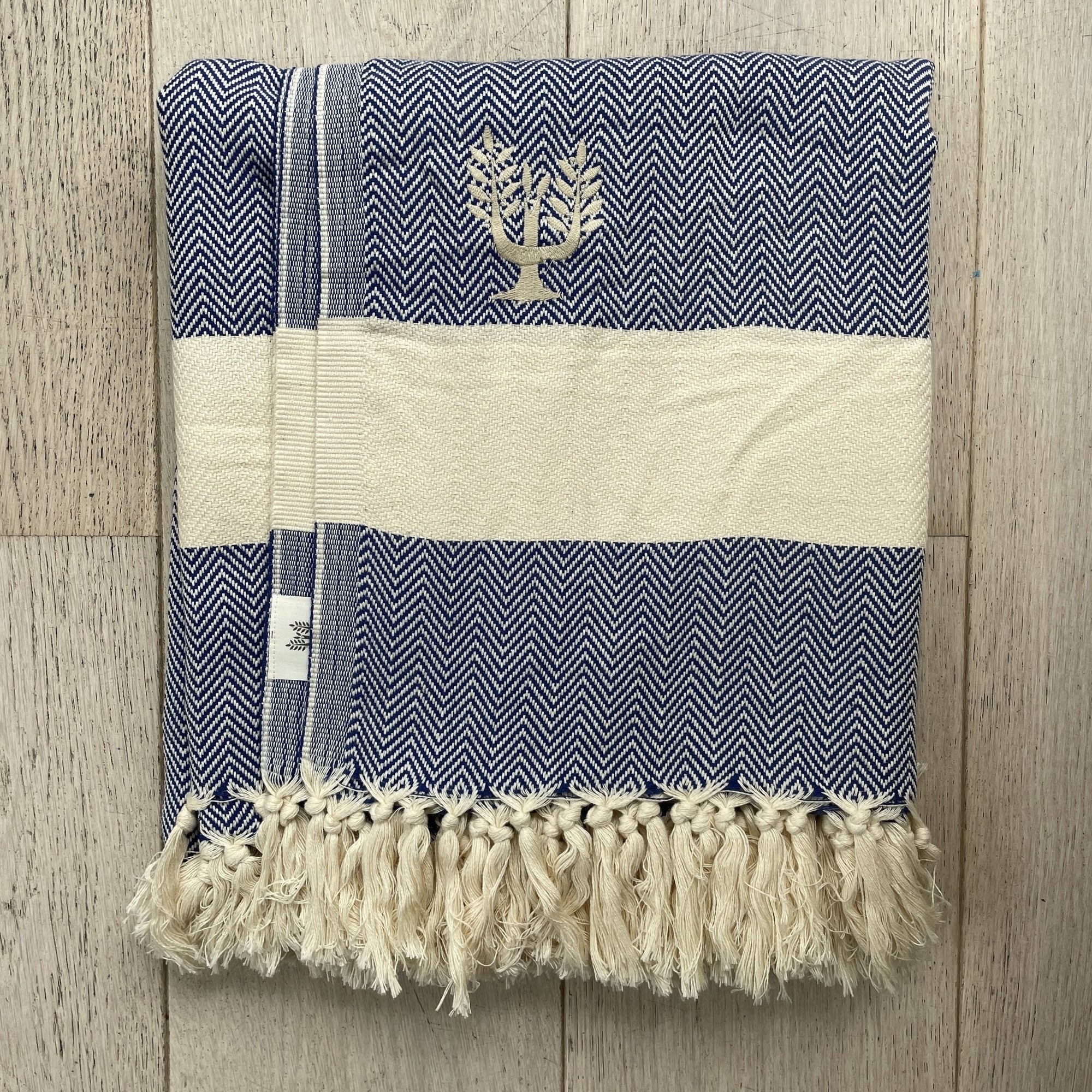 Luxury Harrington Bed Throw XL, premium oversized herringbone blanket, 100% organic cotton, navy blue and natural, handloomed, king size by Wildash London at brixbailey.com