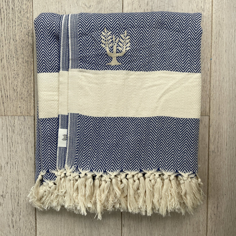 Luxury Harrington Bed Throw XL, premium oversized herringbone blanket, 100% organic cotton, navy blue and natural, handloomed, king size by Wildash London at brixbailey.com