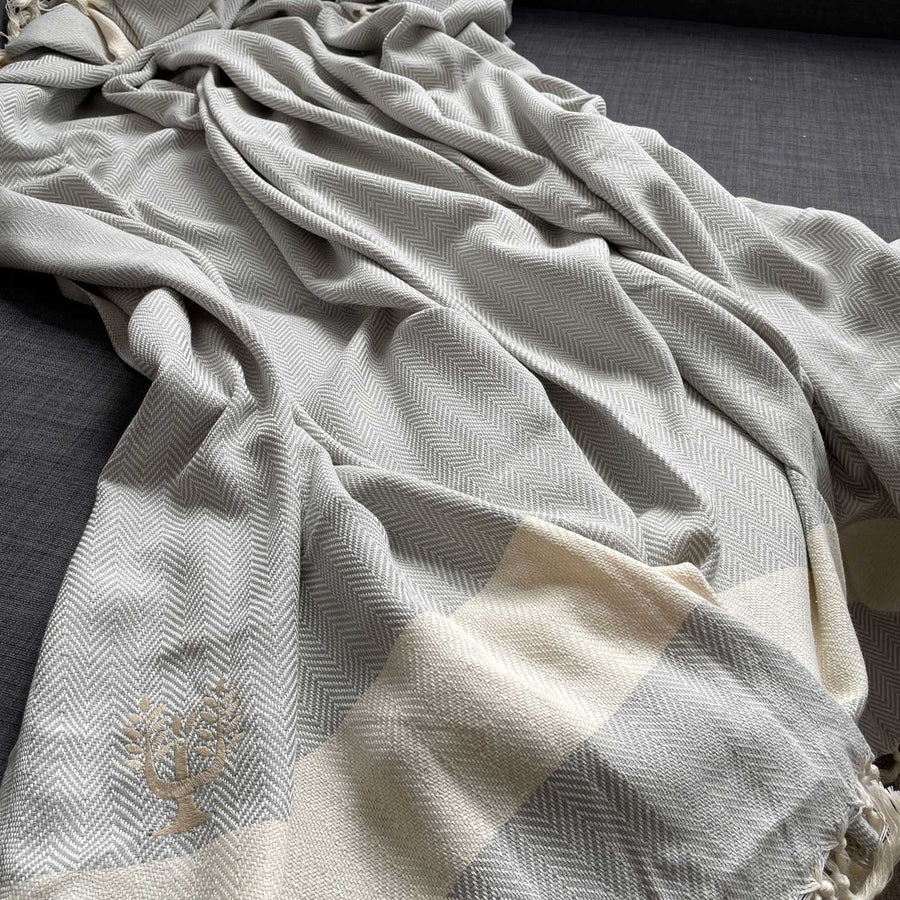 Luxury Harrington Bed Throw XL, premium oversized organic cotton blanket, handloomed herringbone design, soft grey, 200cm x 240cm by Wildash London at brixbailey.com