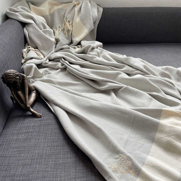 Luxury Harrington Bed Throw XL, premium oversized herringbone blanket, 100% organic unbleached cotton, soft grey, handloomed, king size by Wildash London at brixbailey.com