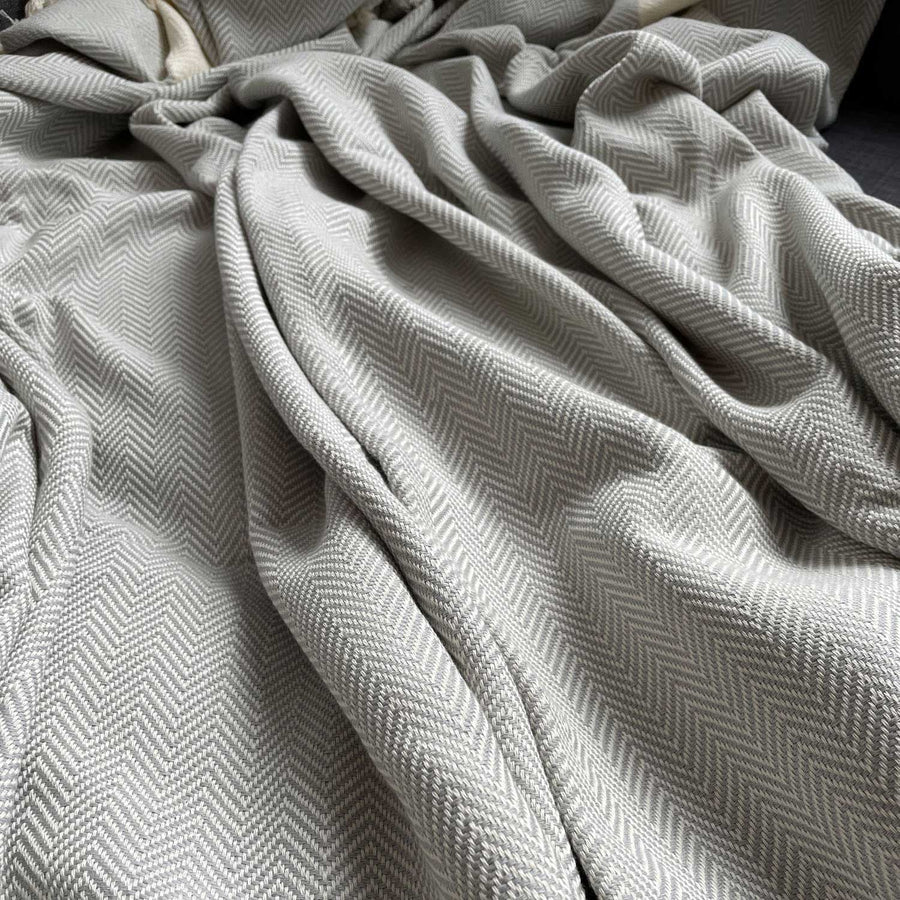 Luxury Harrington Bed Throw XL, oversized 100% organic cotton herringbone blanket, soft grey, handloomed, premium king size, OEKO-TEX certified by Wildash London at brixbailey.com