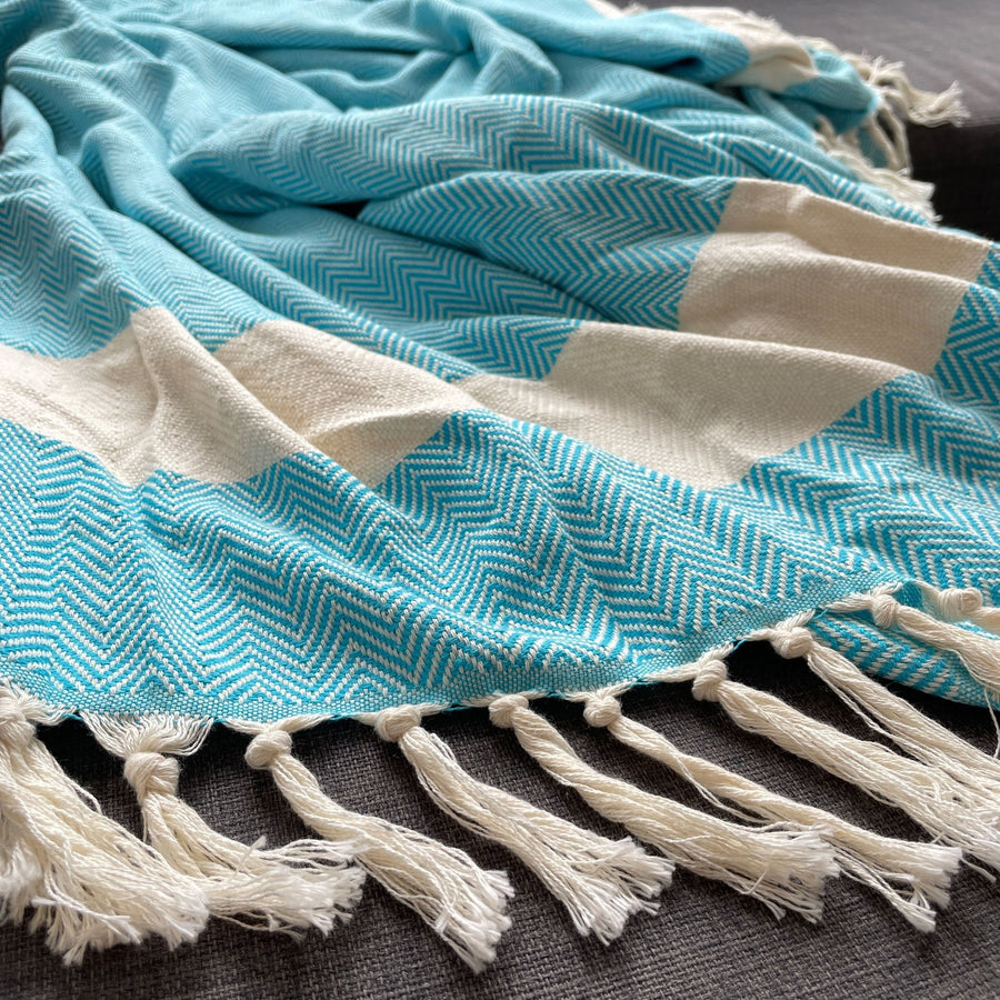 Luxury Harrington Bed Throw XL, premium oversized handloomed organic cotton herringbone blanket, teal and natural, 200cm x 240cm by Wildash London at brixbailey.com