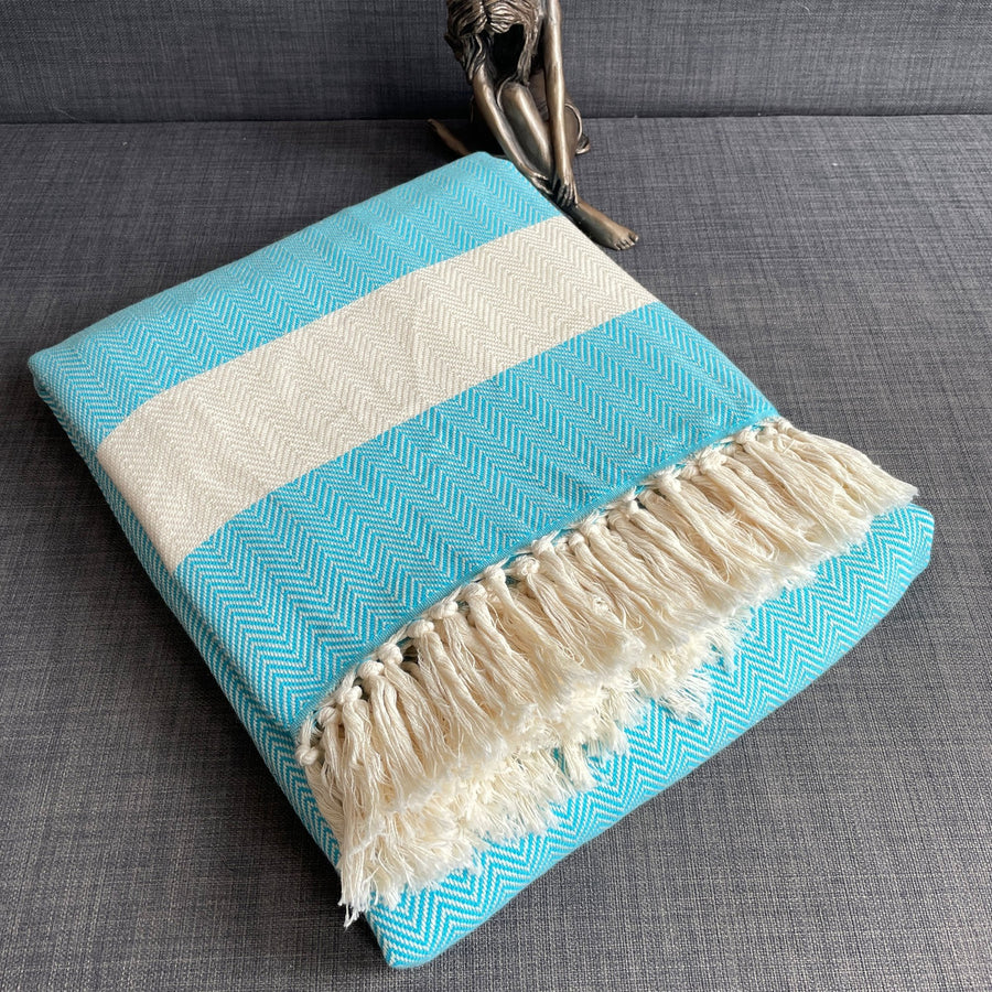 Luxury Harrington Bed Throw, oversized handloomed organic cotton herringbone blanket, teal and natural, king size 200cm x 240cm by Wildash London at brixbailey.com