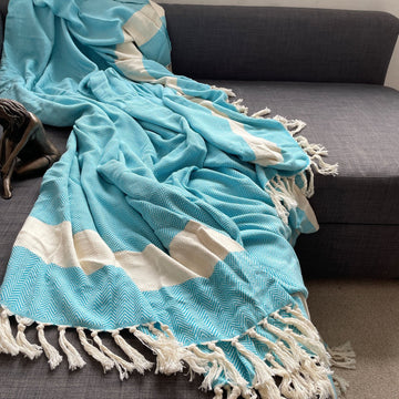 Luxury Harrington Bed Throw XL, oversized teal herringbone blanket, 100% organic cotton, handloomed, king size, OEKO-TEX certified by Wildash London at brixbailey.com