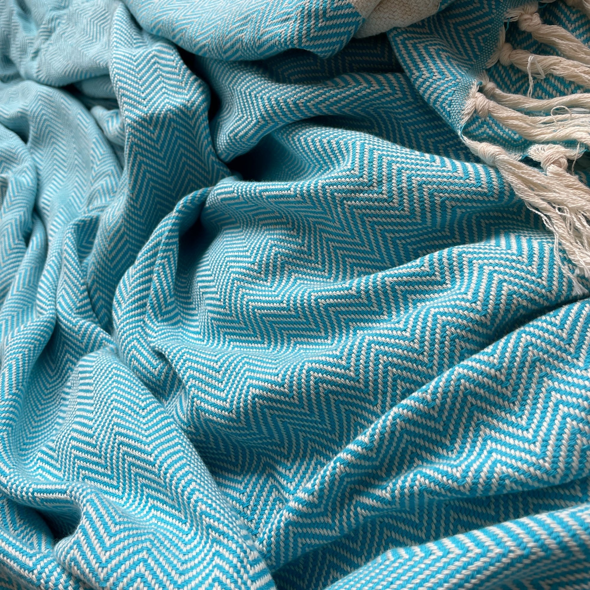 Luxury Harrington Bed Throw XL, premium oversized handloomed organic cotton blanket, herringbone design, teal and natural, 200cm x 240cm by Wildash London at brixbailey.com