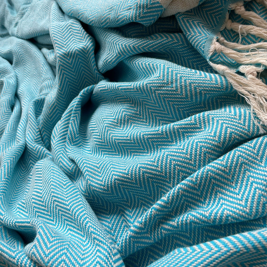 Luxury Harrington Bed Throw XL, premium oversized handloomed organic cotton blanket, herringbone design, teal and natural, 200cm x 240cm by Wildash London at brixbailey.com